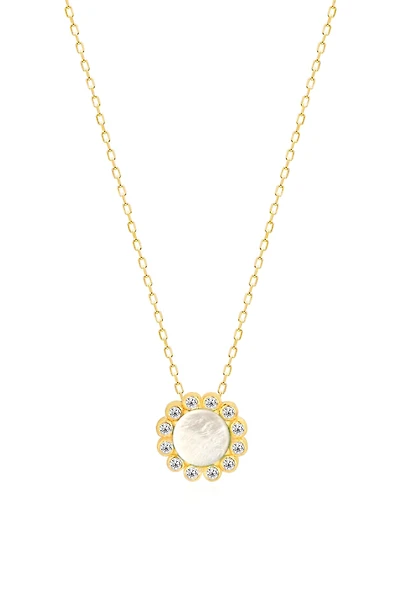 14K Gold Plate Sterling Silver CZ & Mother of Pearl Pendant Necklace
