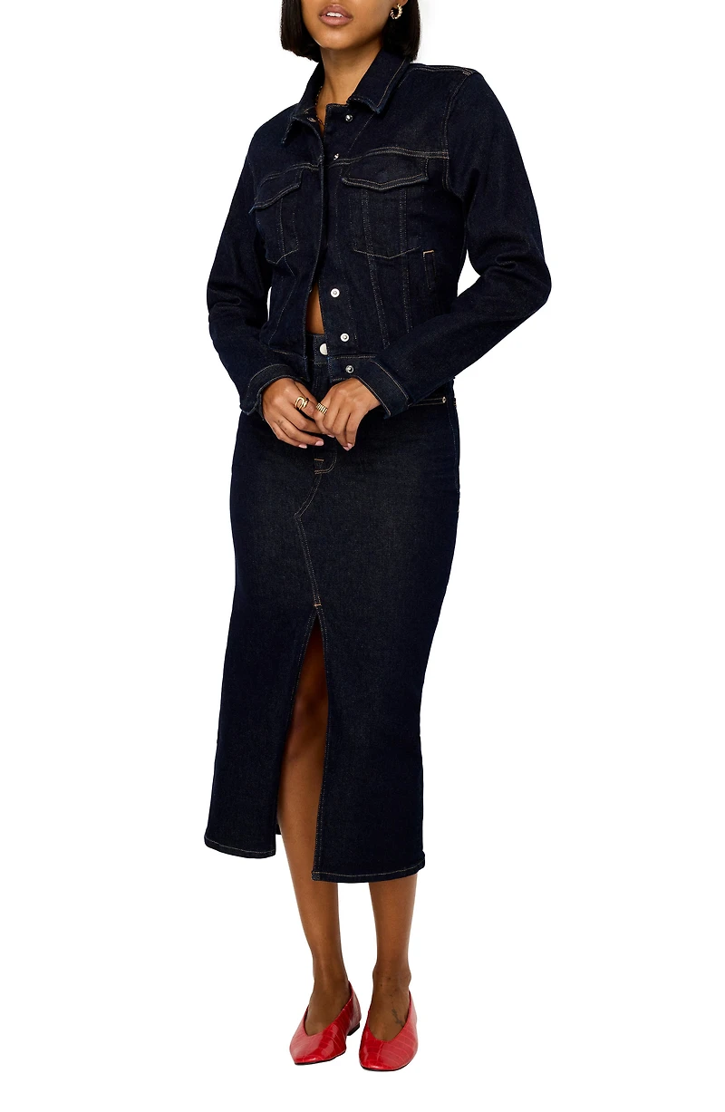 Front Slit Denim Midi Skirt