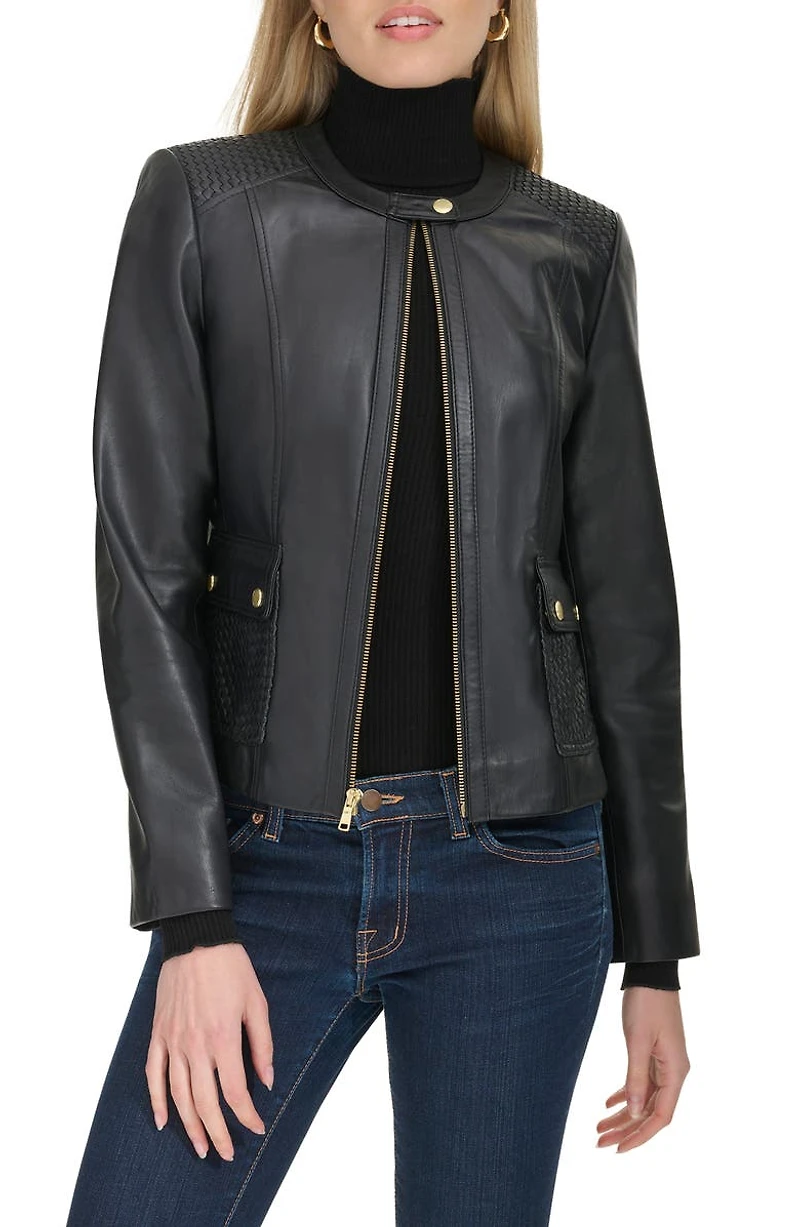 Woven Detail Leather Jacket