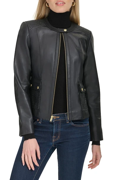 Woven Detail Leather Jacket