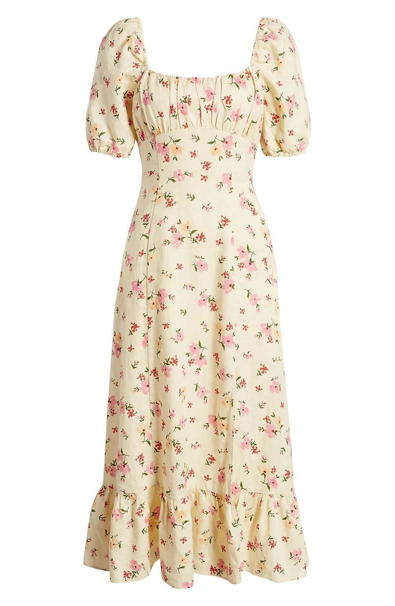 Floral Puff Sleeve Linen Midi Dress