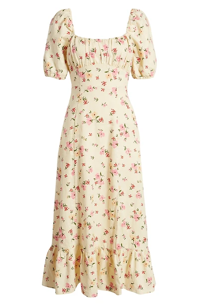 Floral Puff Sleeve Linen Midi Dress