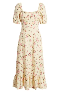 Floral Puff Sleeve Linen Midi Dress