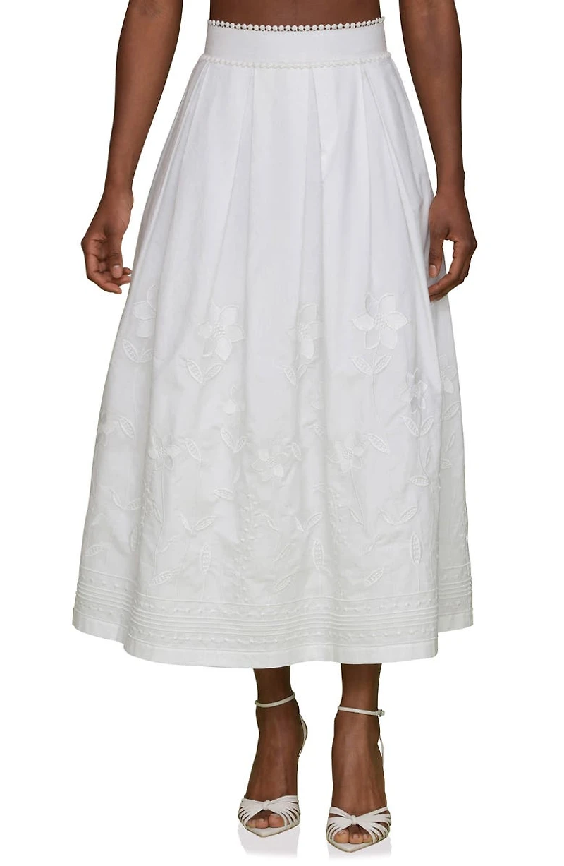 Floral Embroidered Pleated Cotton Midi Skirt