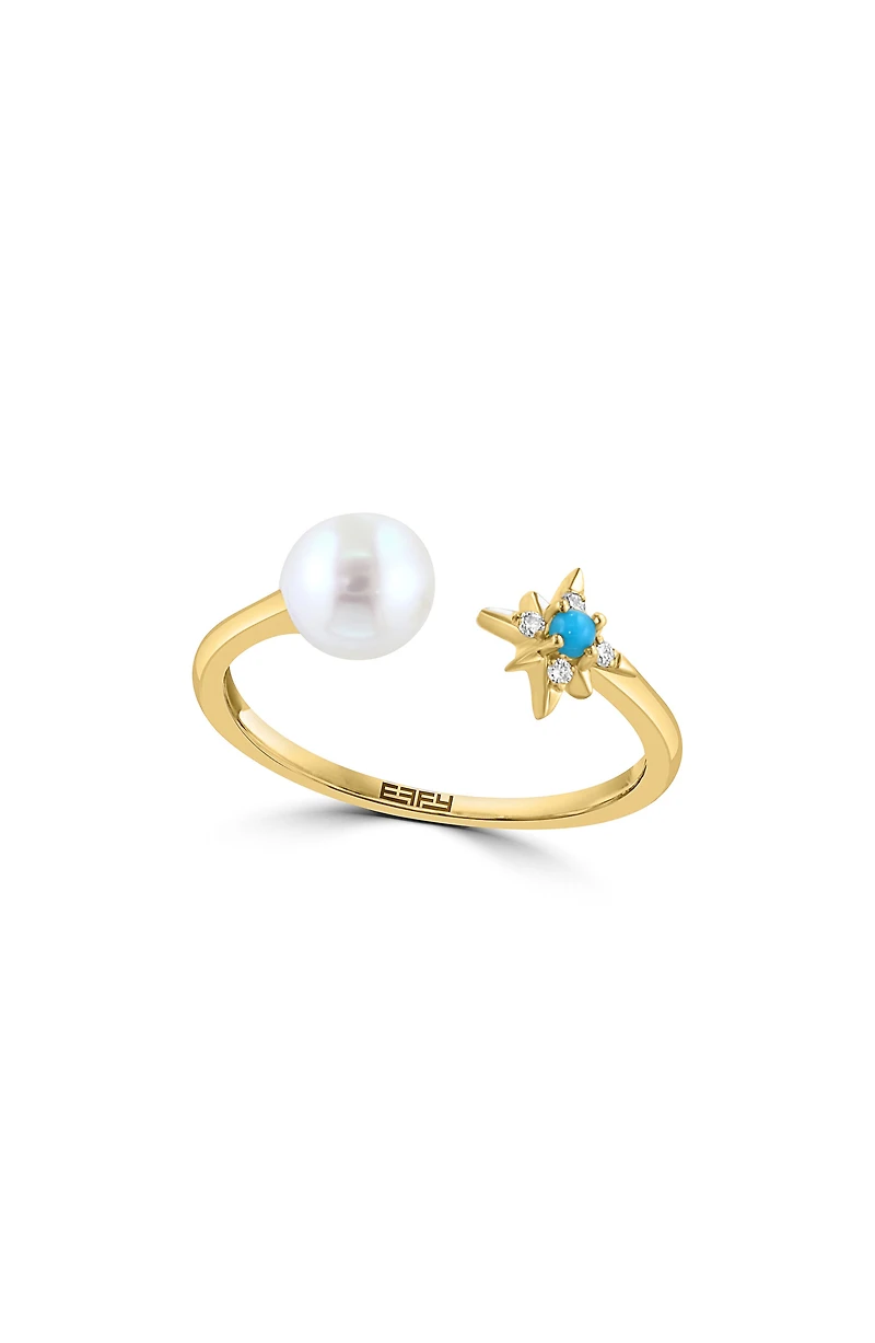Diamond, Turquoise & Freshwater Pearl Split Shank Ring