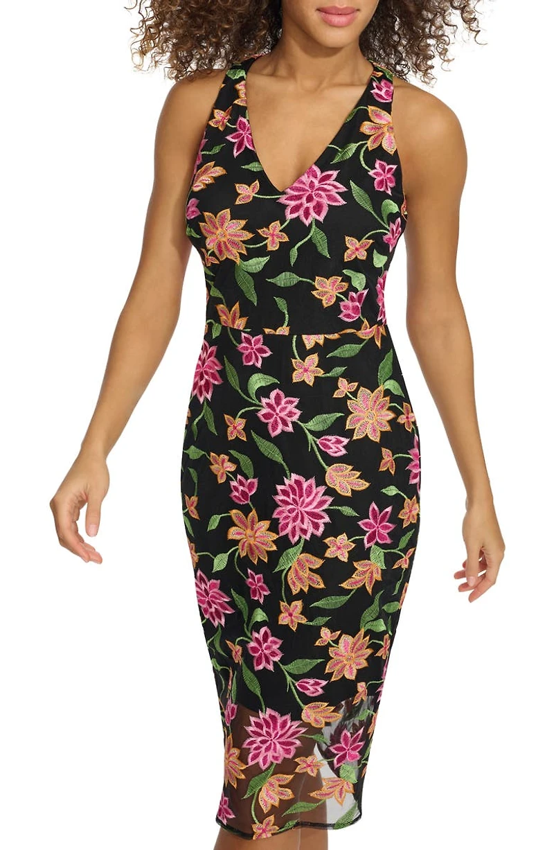 Floral Embroidered Mesh Sheath Dress