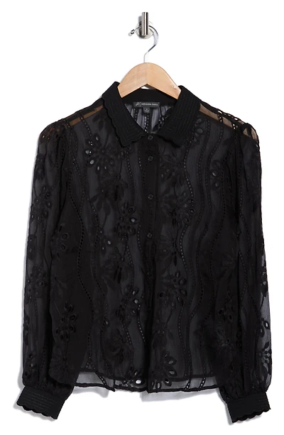 Long Sleeve Sheer Floral Eyelet Lace Button-Up Top