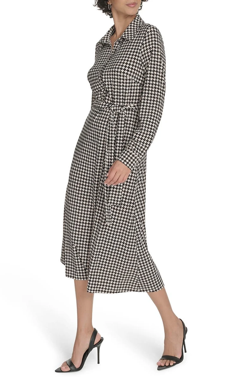 Houndstooth Long Sleeve Tie Waist Shirtdress