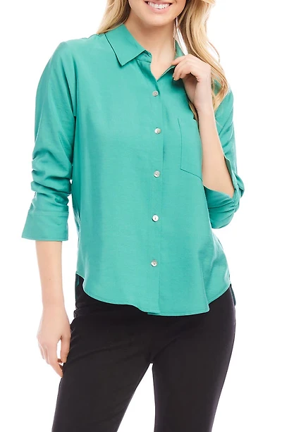 Ruched Sleeve Button-Up Shirt