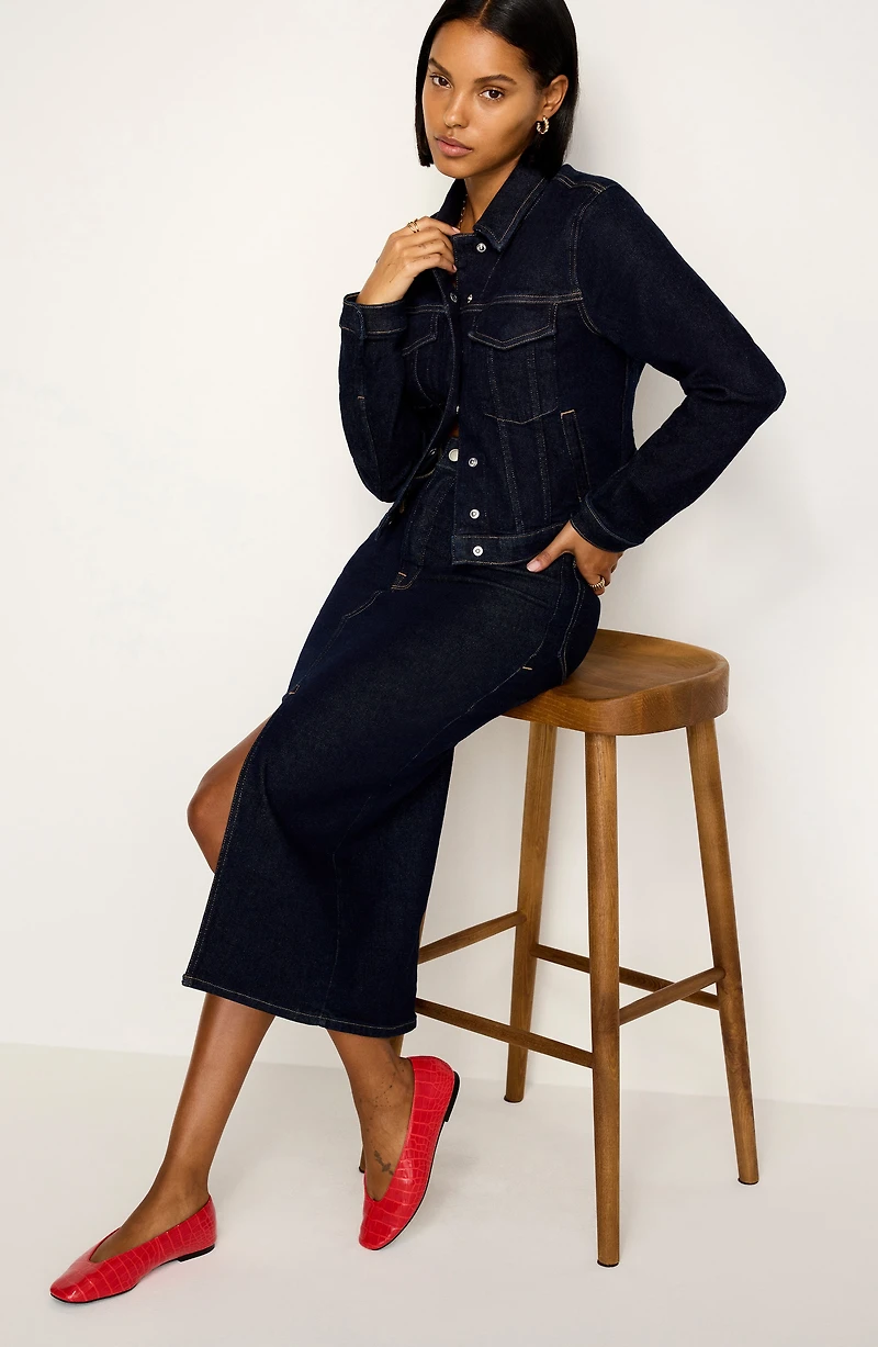 Front Slit Denim Midi Skirt