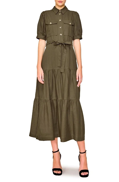 Puff Sleeve Linen Blend Maxi Shirtdress