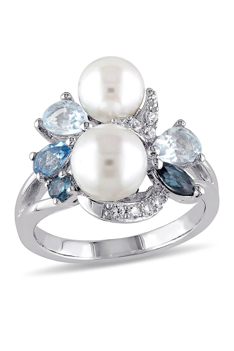 White Freshwater Pearl, Created Sapphire & Mixed Blue Stone Ring