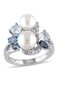 White Freshwater Pearl, Created Sapphire & Mixed Blue Stone Ring