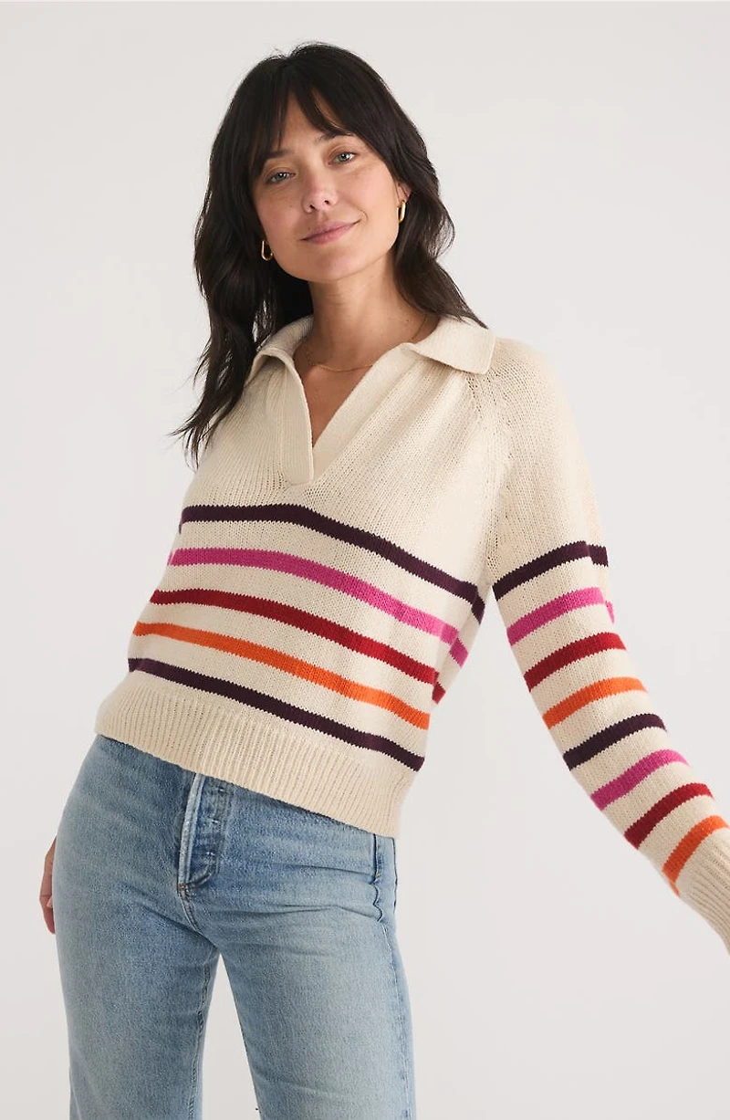 Claire Stripe Wool & Cotton Johnny Collar Polo Sweater