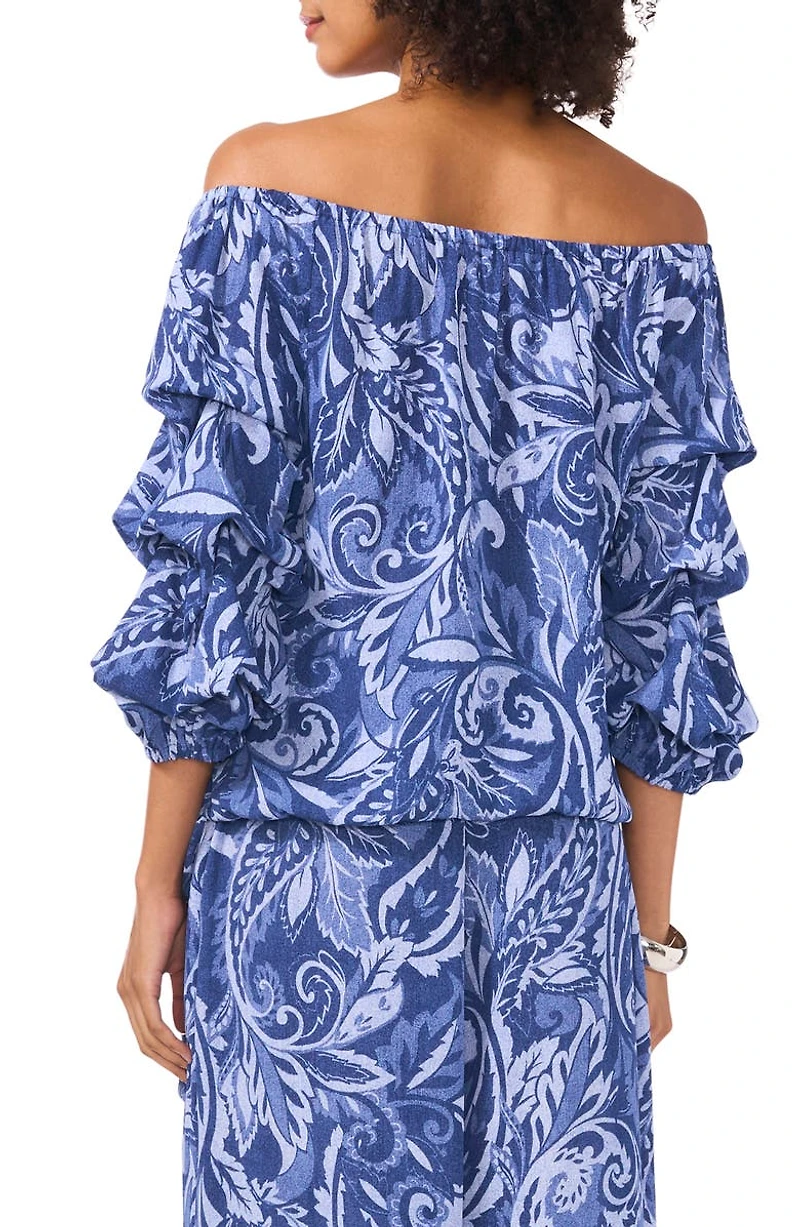 Paisley Floral Off the Shoulder Bubble Sleeve Top