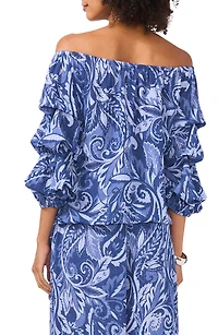 Paisley Floral Off the Shoulder Bubble Sleeve Top