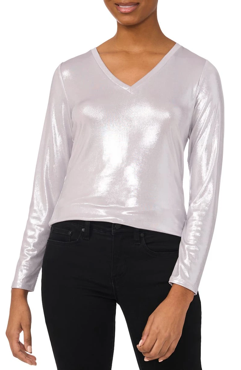 Rhinestone Long Sleeve V-Neck Blouse