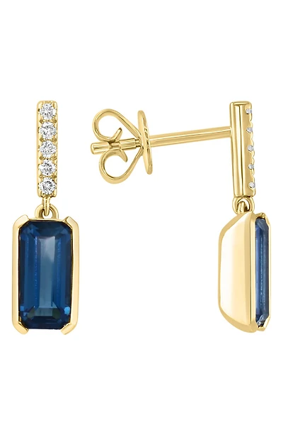 14K Yellow Gold Diamond & London Blue Topaz Drop Earrings - 0.10ct.