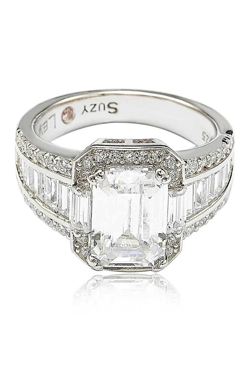 Sterling Silver Emerald-Cut & Round-Cut Cubic Zirconia Engagement Ring