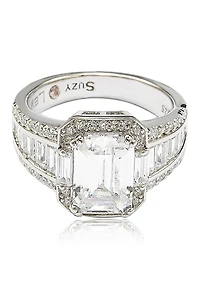 Sterling Silver Emerald-Cut & Round-Cut Cubic Zirconia Engagement Ring