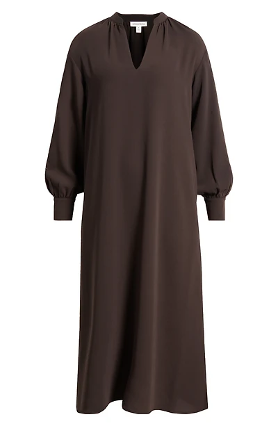 Gathered Long Sleeve Side Slit Maxi Dress