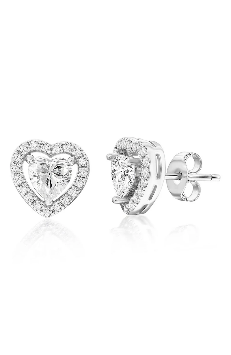 Sterling Silver Cubic Zirconia Heart Halo Stud Earrings
