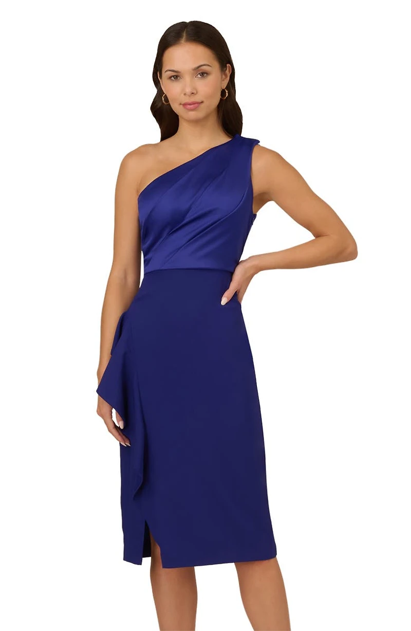 One-Shoulder Satin Cocktail Midi Dress