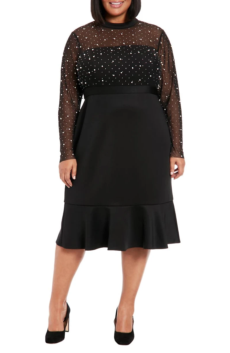 Long Sleeve Faux Pearl Illusion Midi Dress