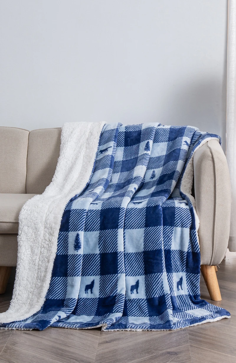 Logde Plaid Print Reversible Faux Shearling Throw Blanket