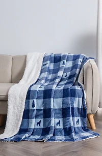 Logde Plaid Print Reversible Faux Shearling Throw Blanket