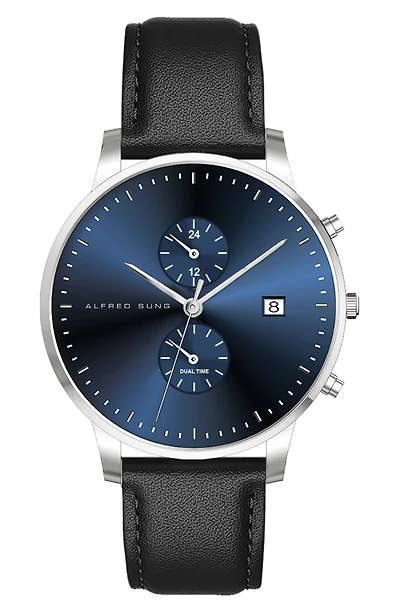 Dual Time Leather Strap Watch, 42mm
