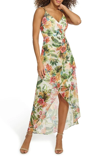 Floral Souflee Crepe Faux Wrap Midi Dress
