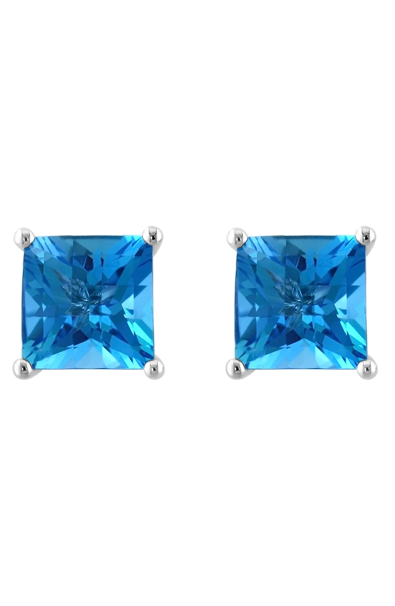 14K White Gold Square Blue Topaz Earrings