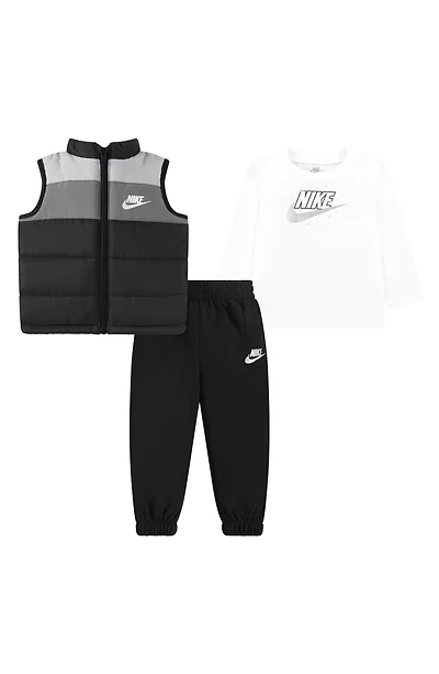 Colorblock Puffer Vest, Long Sleeve Tee & Joggers Set