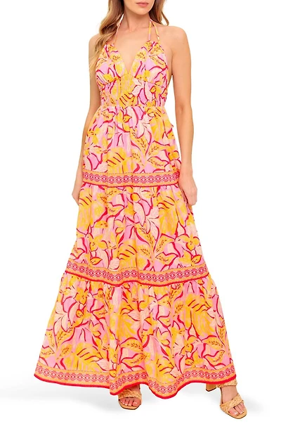 Tropical Print Halter Maxi Dress