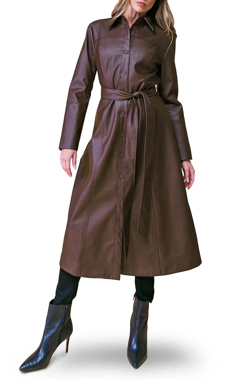 Belted Faux Leather Coat