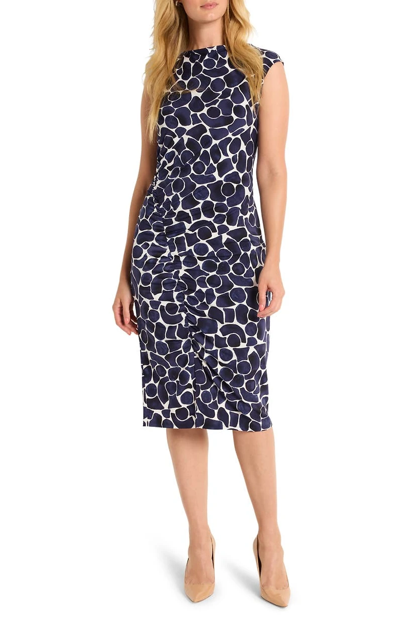 Geometric Pebble Ruched Jersey Sheath Dress
