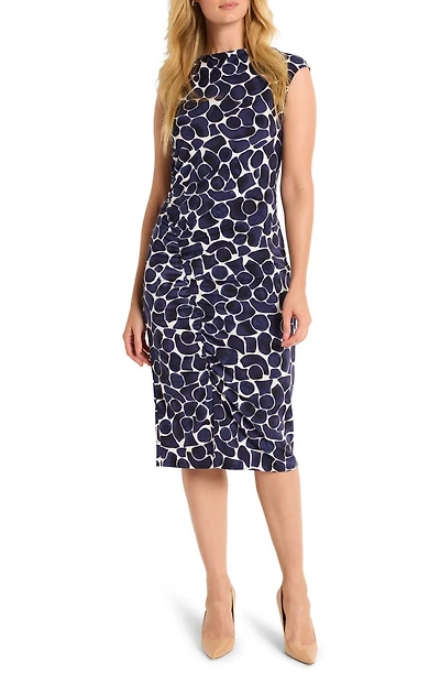Geometric Pebble Ruched Jersey Sheath Dress
