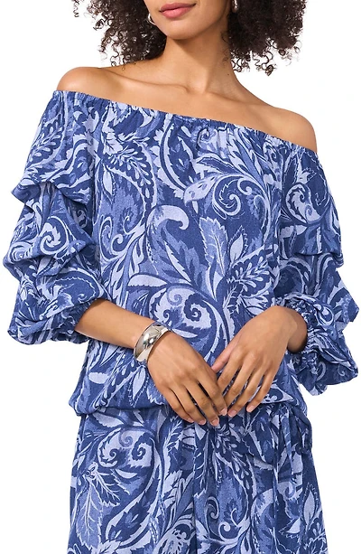Paisley Floral Off the Shoulder Bubble Sleeve Top