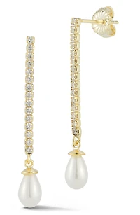 Cubic Zirconia Cultured Pearl Chain Drop Earrings