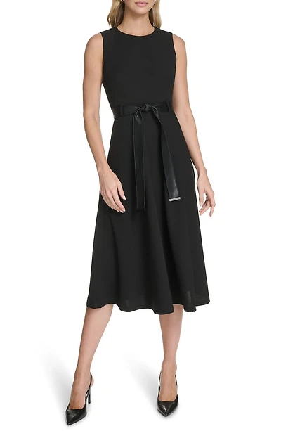 Faux Leather Belt Scuba Crepe Midi A-Line Dress