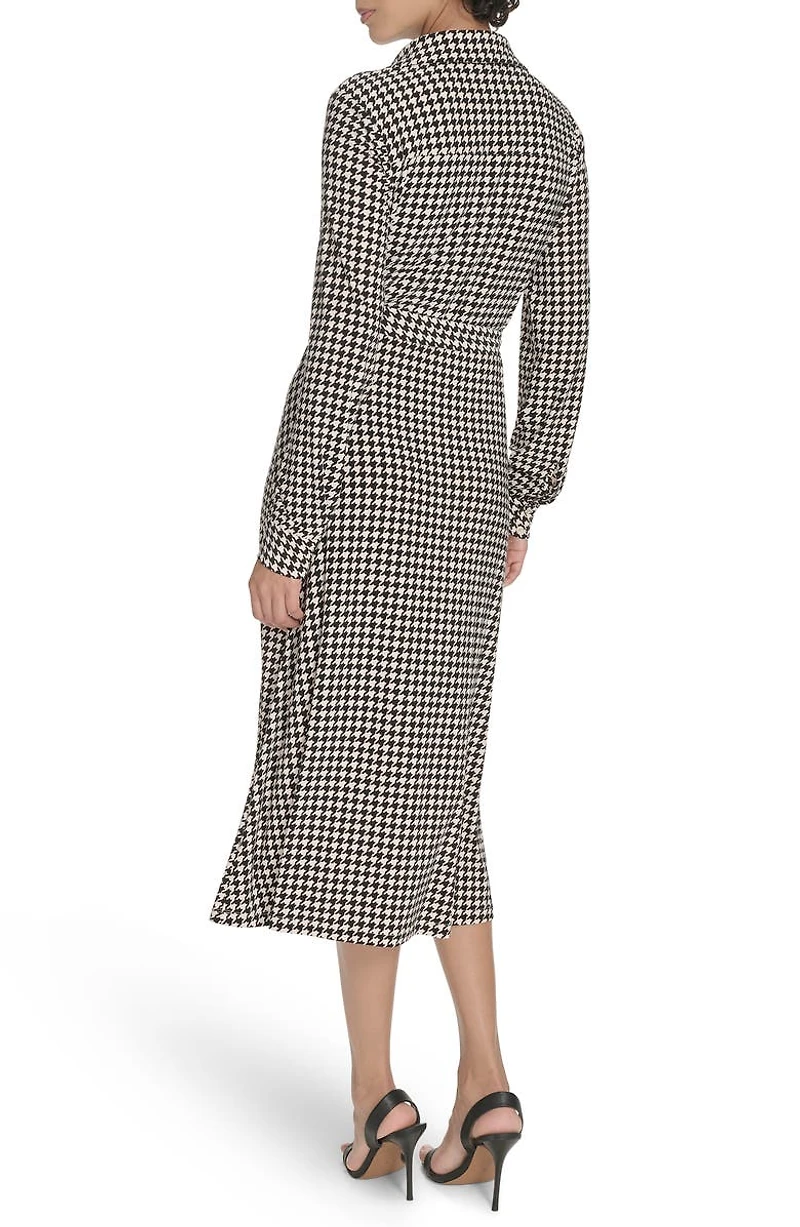 Houndstooth Long Sleeve Tie Waist Shirtdress