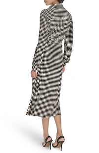 Houndstooth Long Sleeve Tie Waist Shirtdress