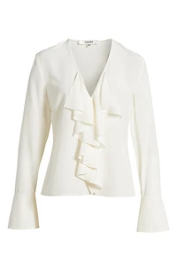 Ruffle Front Long Sleeve Silk Top