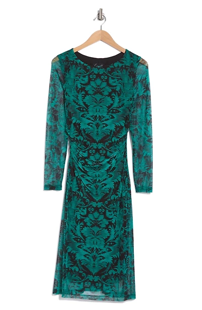 Long Sleeve A-Line Mesh Midi Dress