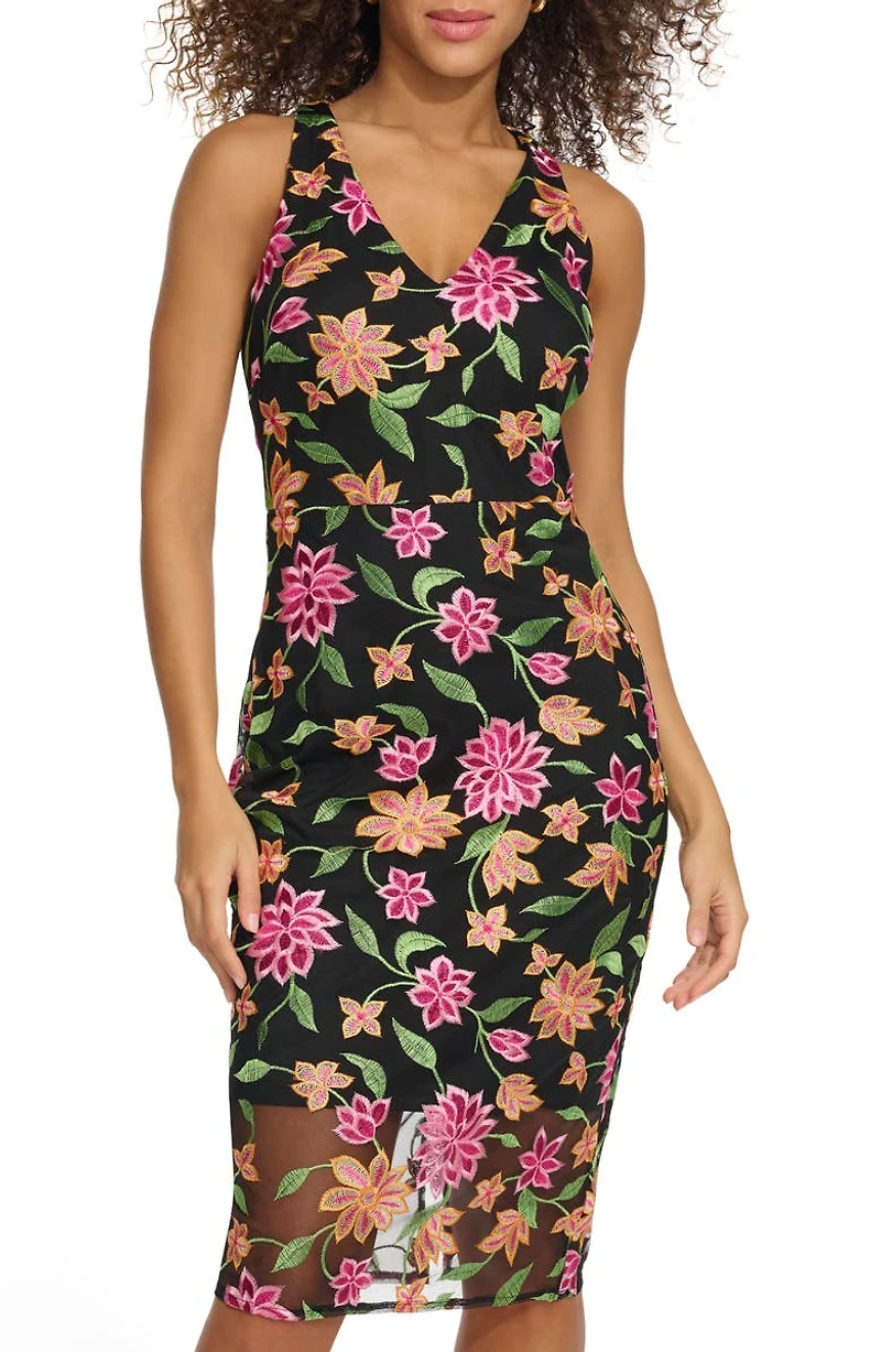 Floral Embroidered Mesh Sheath Dress