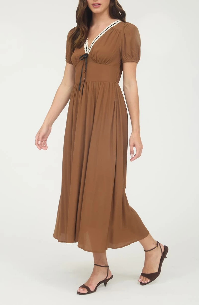 Puff Sleeve A-Line Midi Dress