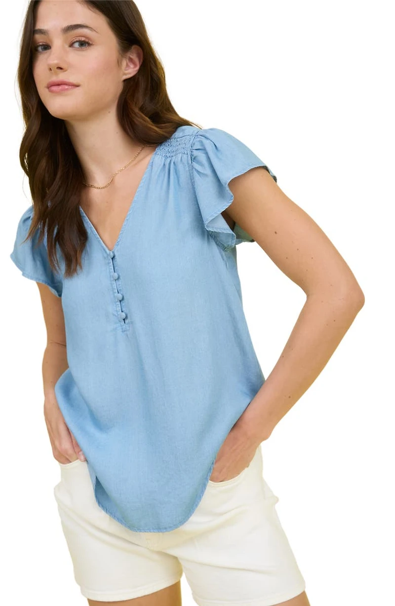 Flutter Sleeve Chambray Top