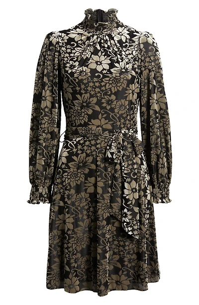 Floral Burnout Belted Long Sleeve Dress