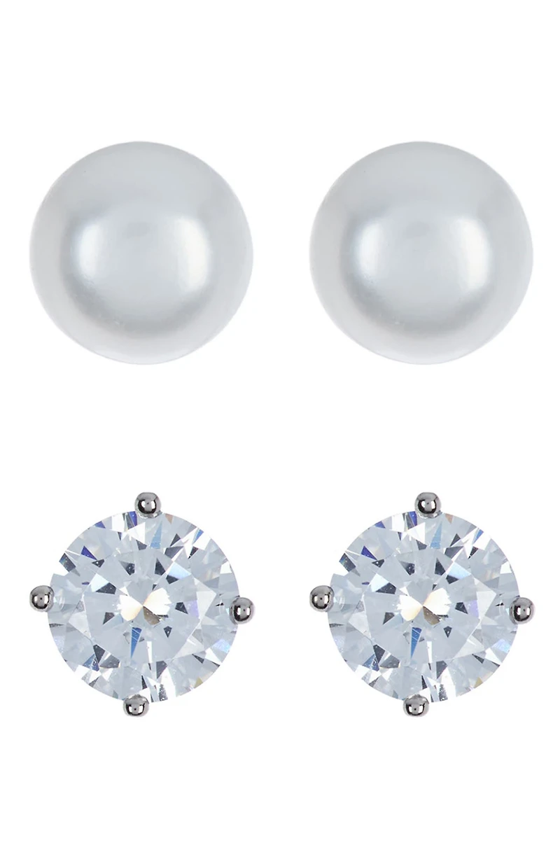 Set of 2 Sterling Silver Cubic Zirconia & Faux Pearl Stud Earrings